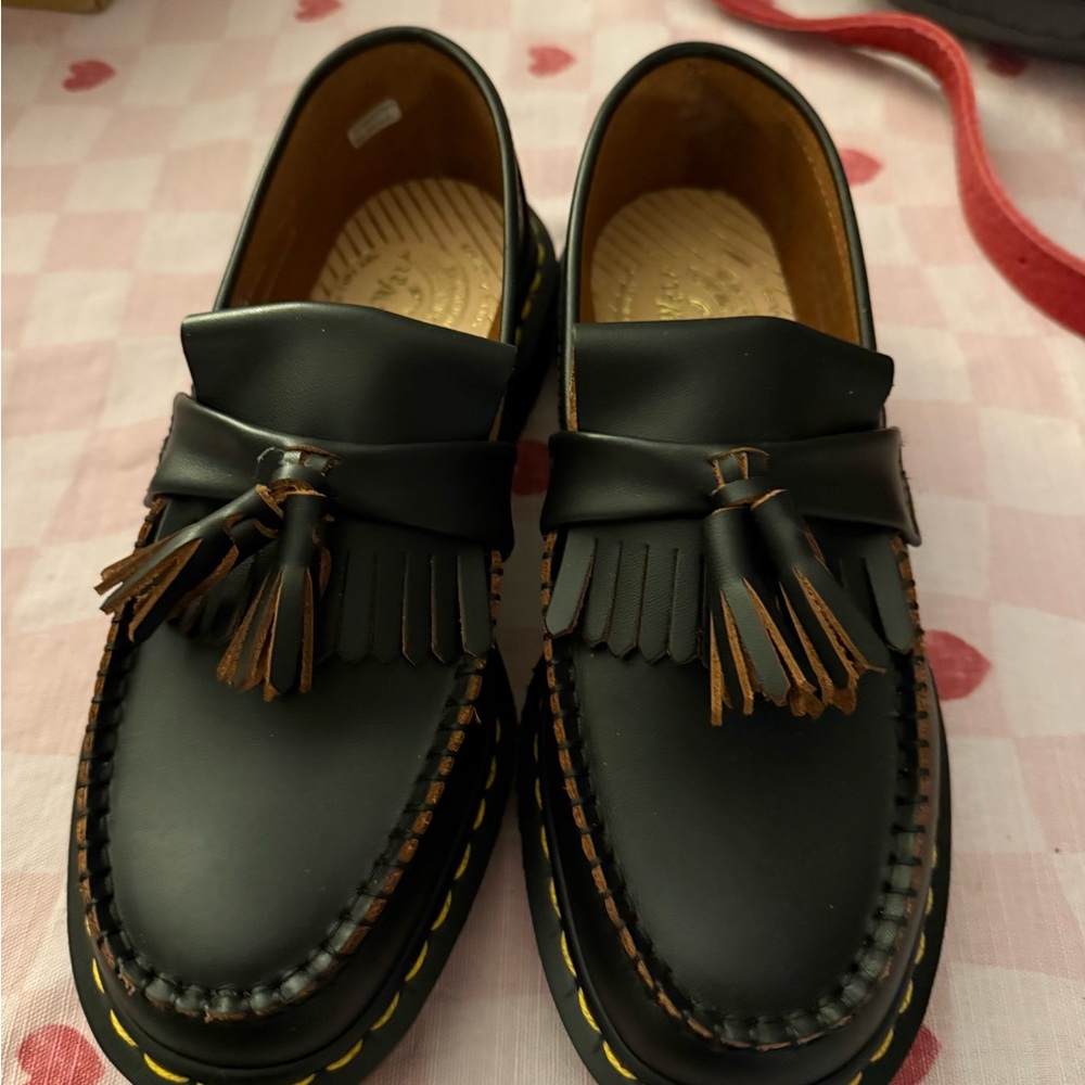 Dr. Martens Black Leather Tassel Kiltie Loafers with Yellow Welt Stitching